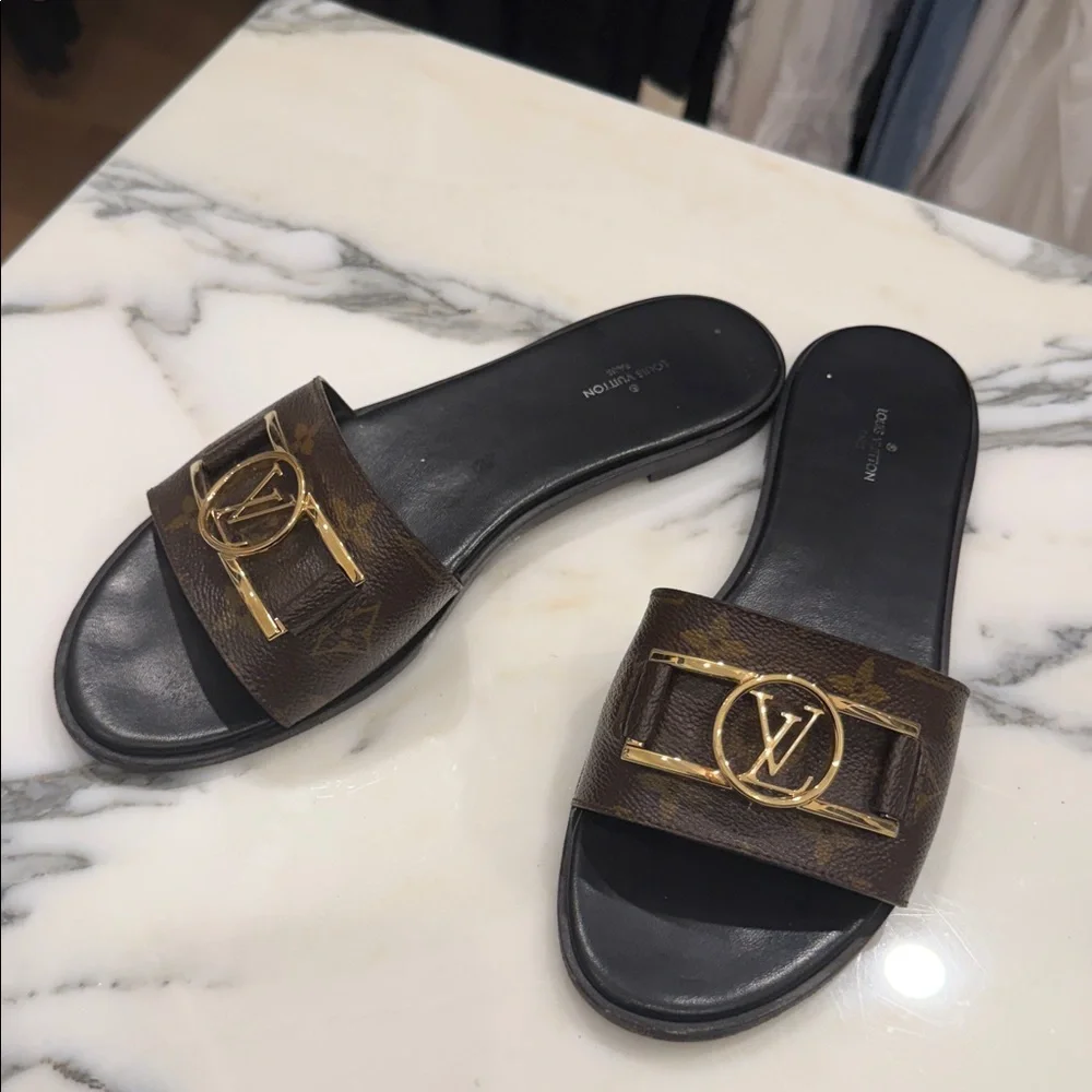 Louis Vuitton Brown Monogram Lock it Flat Mule Sandals with Black Footbed - Picture 4 of 5